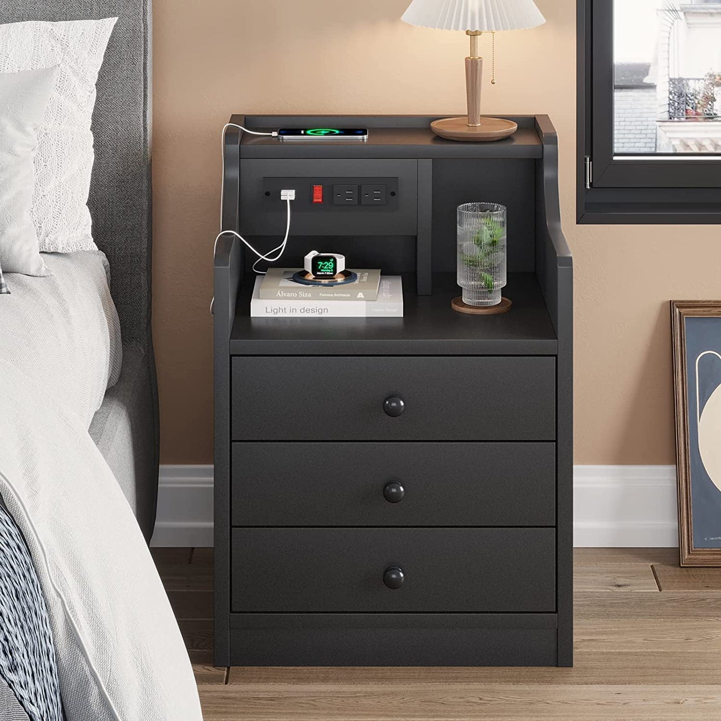 Nightstands Set of 2,Black Nightstand with Hutch and 3 Drawers,Bedside Table with Charging Station for Bedrooms