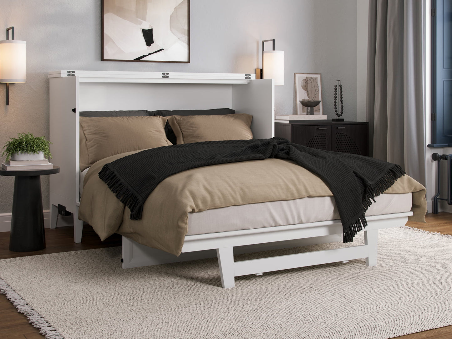 AFI Santa Fe Full Wood Murphy Bed Chest with Mattress and Built-in Charger, White