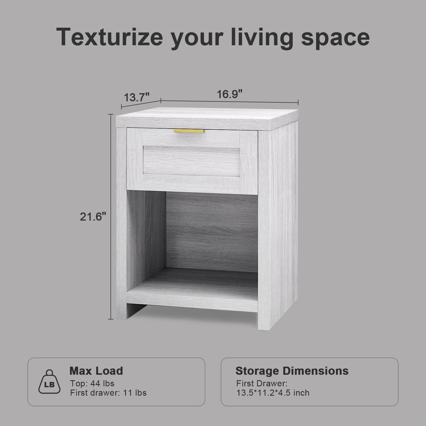 OAKHAM Farmhouse Nightstand, Boho End Table with Drawer and Open Shelf, Bedside Table for Bedroom Living Room, Pale Oak