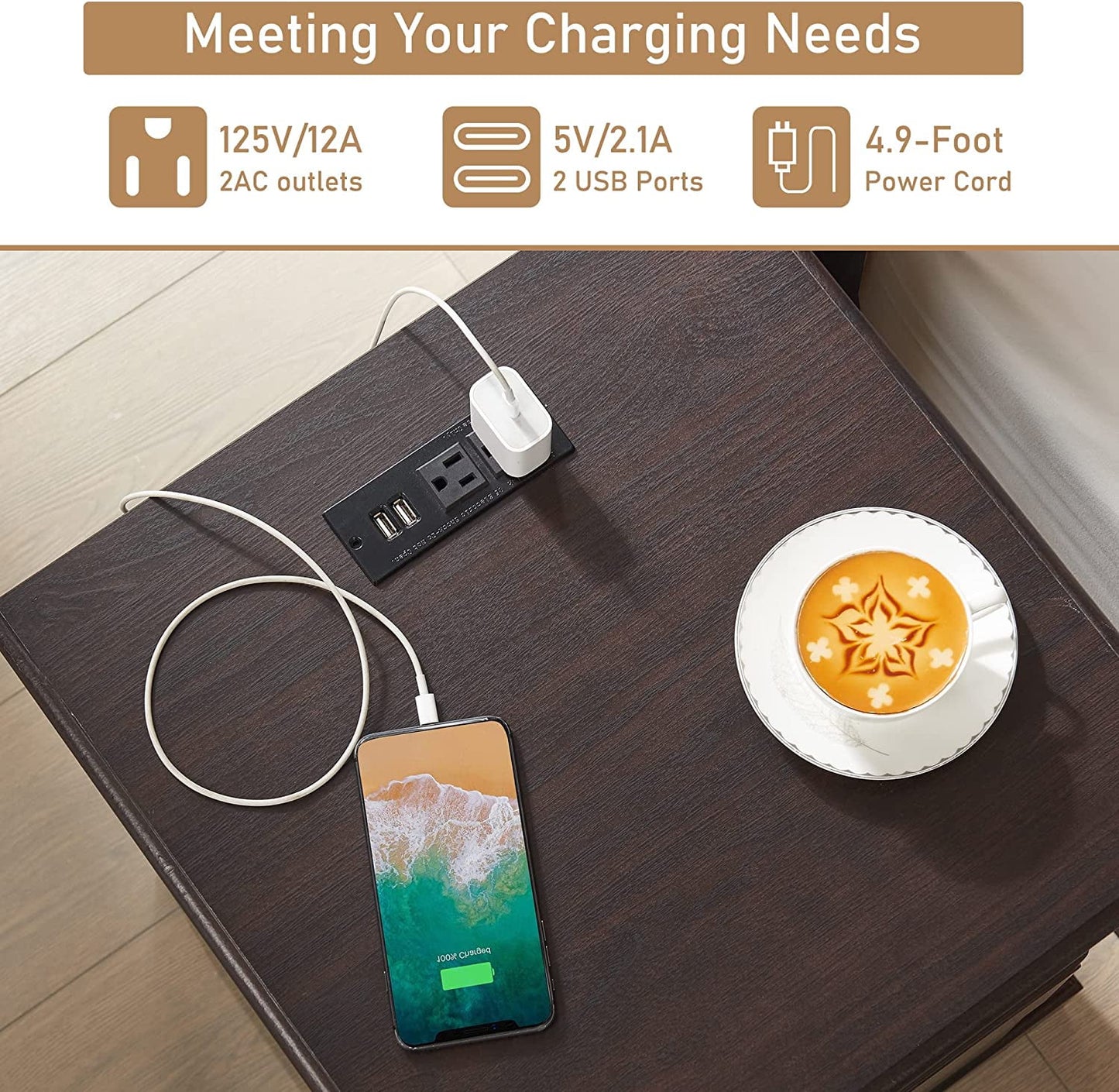 OKD Farmhouse 2-Drawer Nightstand with Charging Station, Modern End Table , Wood Rustic Bedside Tables with Open Storage Shelf , Espresso