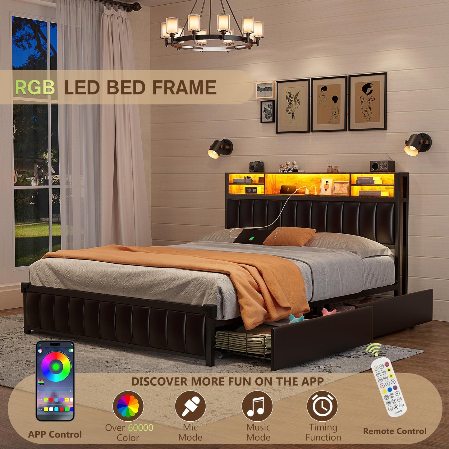 Alohappy Queen Size Bed Frame with Bookcase Headboard, Charging Station, Upholstered LED & 4 Storage Drawers