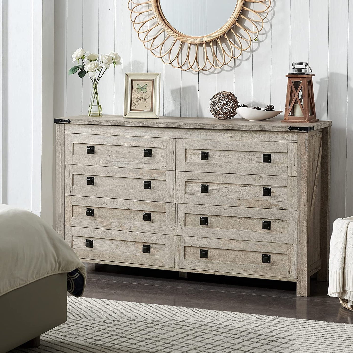 OKD 8-Drawer Modern Barnwood Country Style Dresser, Wood Rustic Tall Chest, Farmhouse Bedroom Storage, Light Rustic Oak