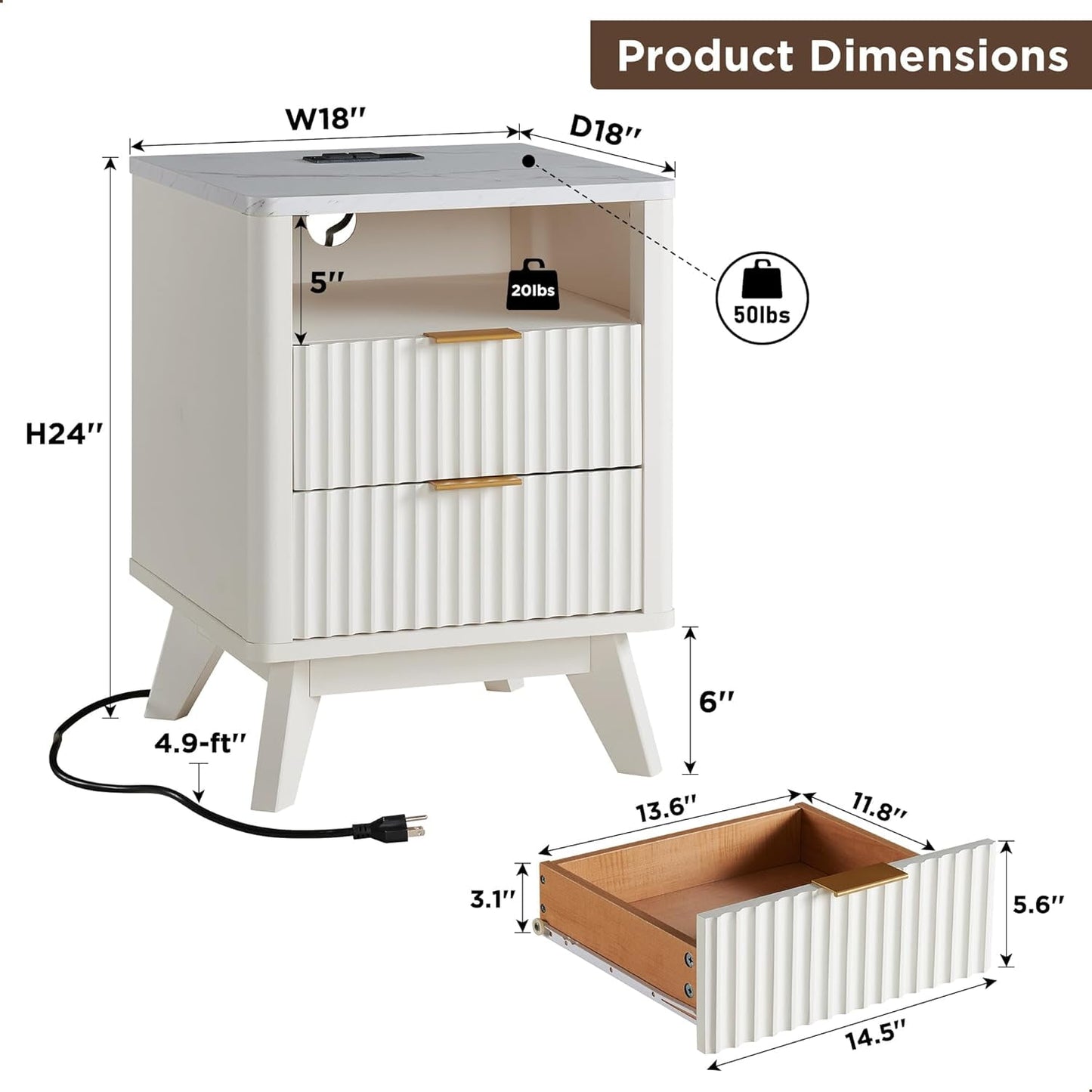 OKD 2-Drawer Mid-Century Nightstand with Charging Station, End Table for Living Room Bedroom, Fluted Panel, Solid White