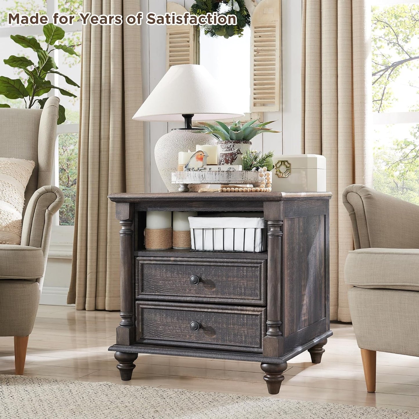 OKD Farmhouse 24in Side Table With 2 Drawers End Table with Charging Station, Tall Rustic Wood Square Nightstand for Living Room, Bedroom, Office,Dark Rustic Oak