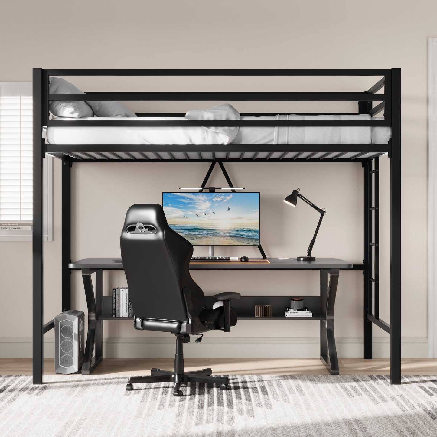 CERLIN Heavy-Duty Black Metal Twin Loft Bed with Underneath Space, Removable Stair & Safety Guard