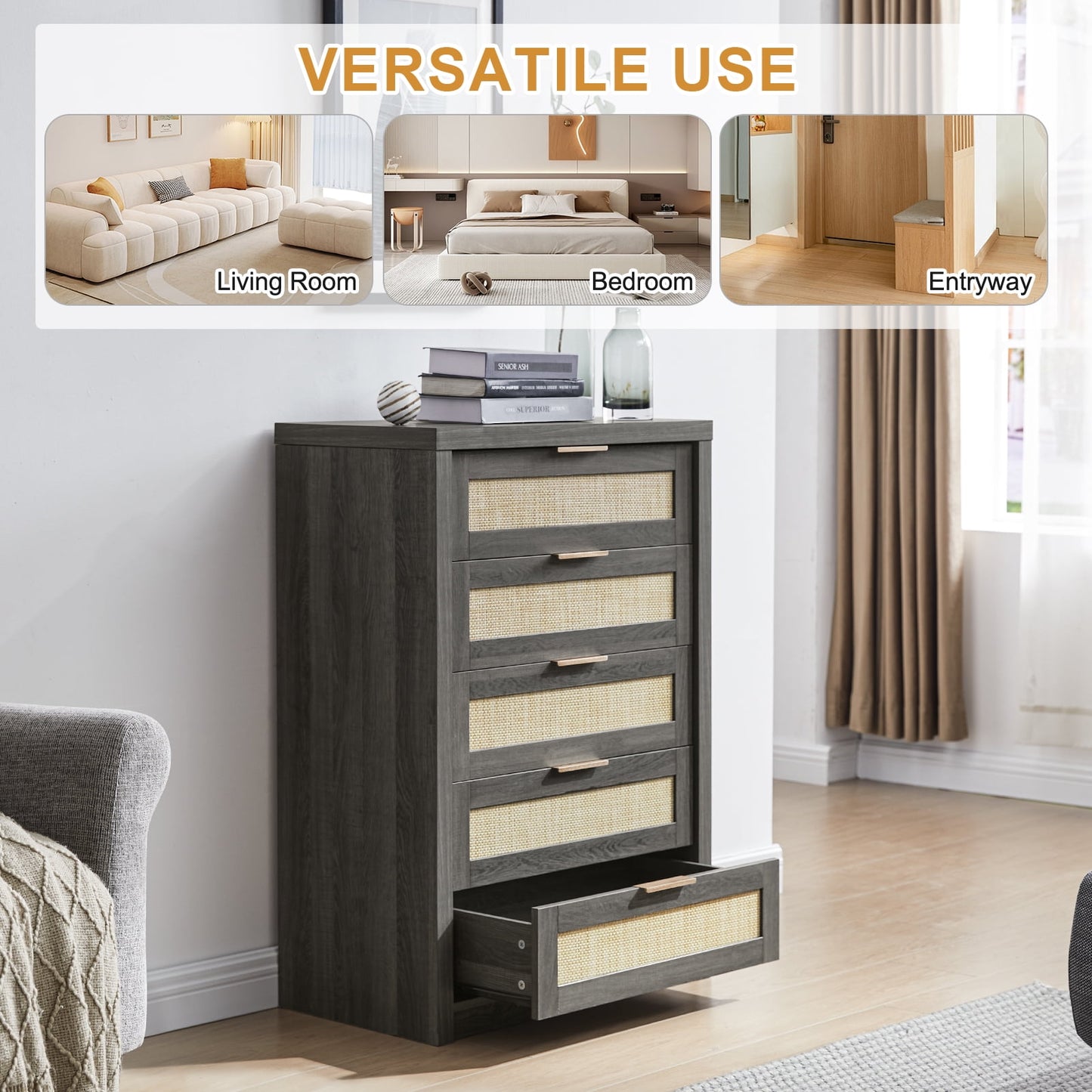 OAKHAM 5 Drawer Dresser, Rattan Wide Chest of Drawers for Bedroom Living Room, Set of 2, Midnight Oak