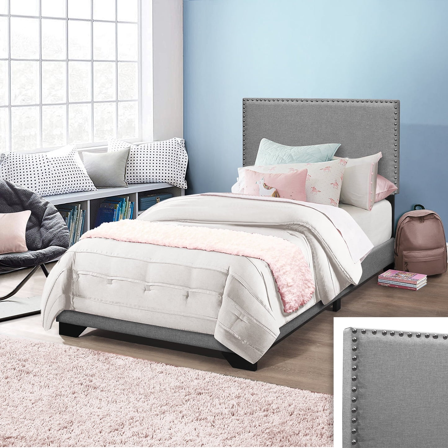 Skylar Nailhead Trim Upholstered Twin Platform Bed, Glacier