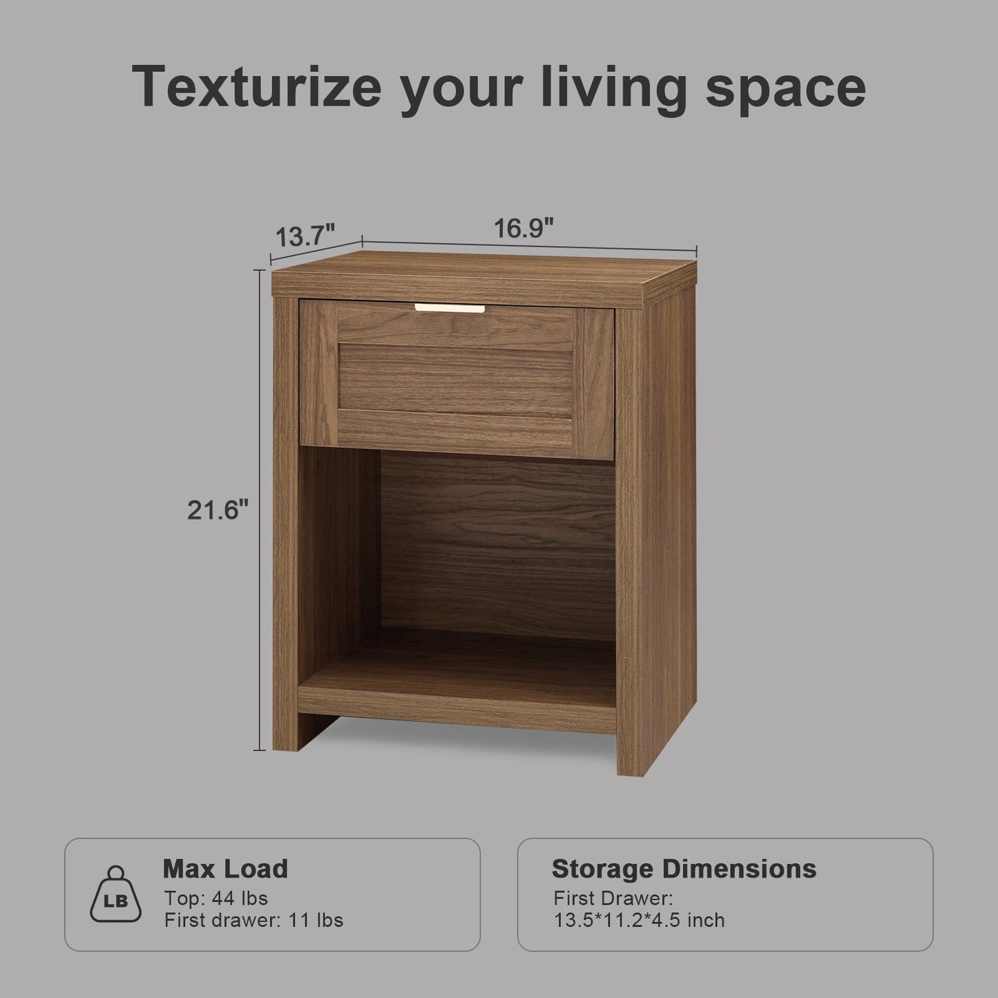 OAKHAM Farmhouse Nightstands Set of 2, Boho End Table with Drawer and Open Shelf, Bedside Table for Bedroom Living Room, Special Walnut