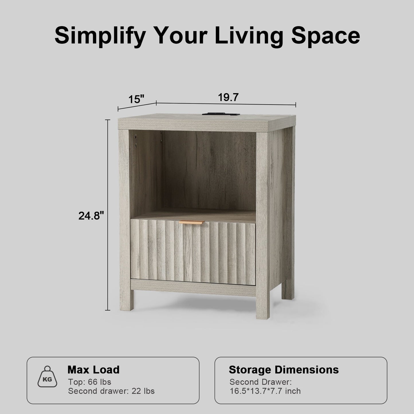 OAKHAM Pair of Nightstands with Drawers & USB/Type-C Charging Station, Bedroom End Tables, Gray Oak