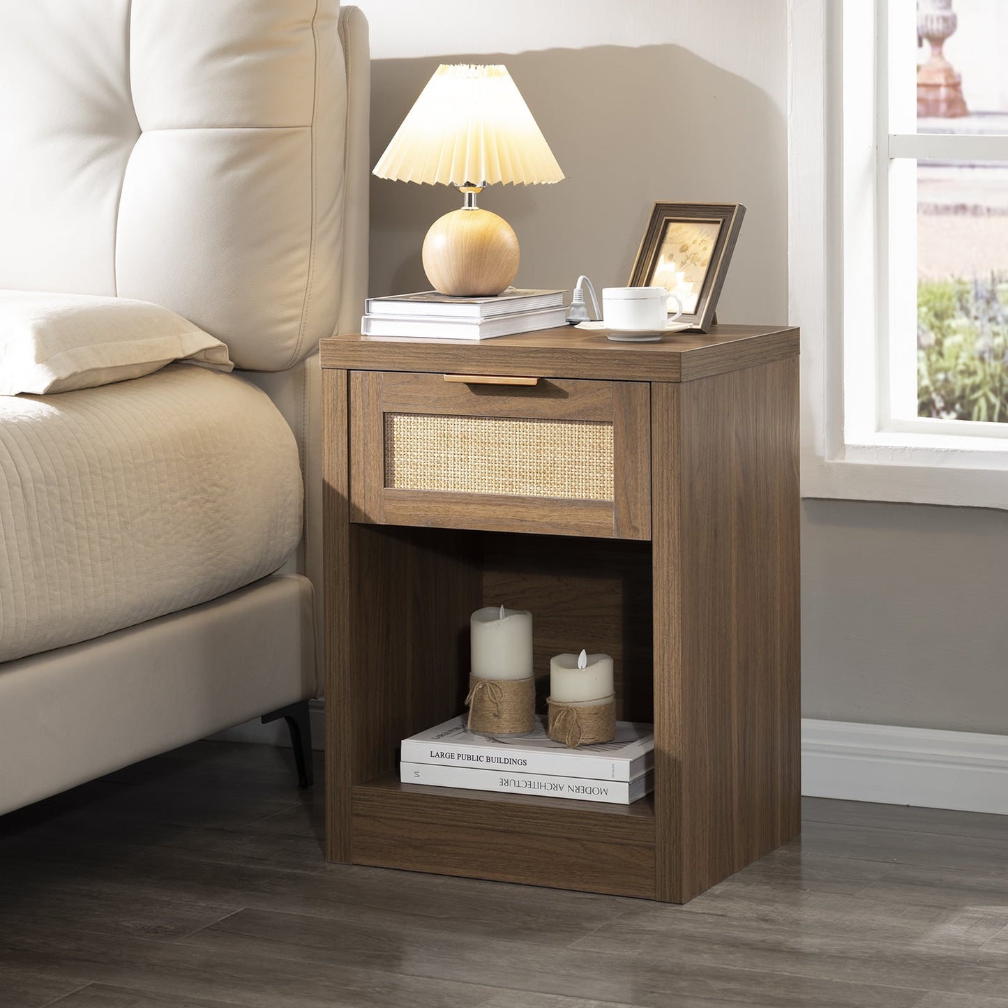OAKHAM Rattan Nightstand set of 2 with Charging Station, Bedside Table with Type-C/USB Port, Boho Side Tables End Table for Living Room, Bedroom, Special Walnut