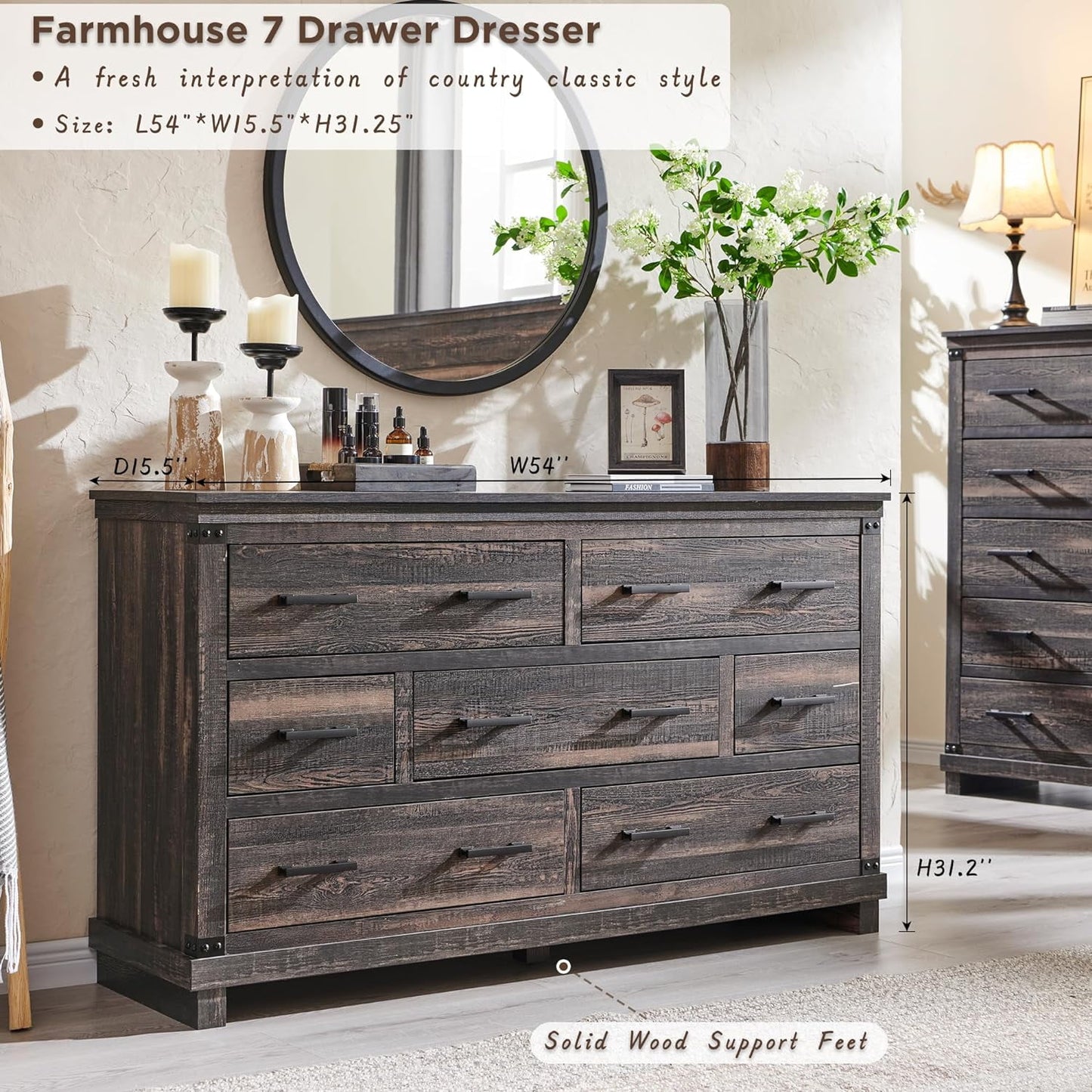 OKD 54in W Farmhouse Dresser 7 Drawers Modern Rustic Wood Chest of Drawers Closet Storage Organizers for Bedroom Living Room Hallway, Dark Rustic Oak