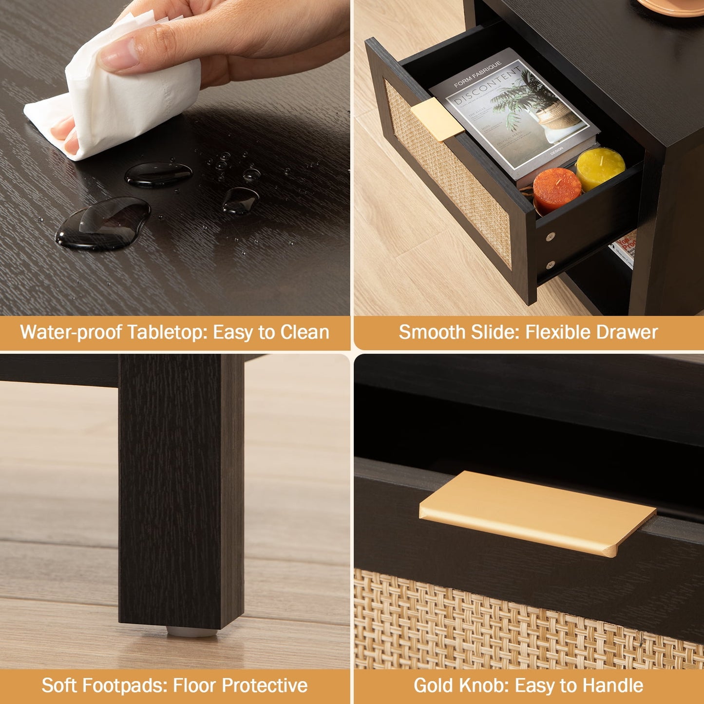 SINCEREFLY Rattan Nightstand with Drawer Boho Bedside Table with Open Shelf Black Night Stand for Bedroom