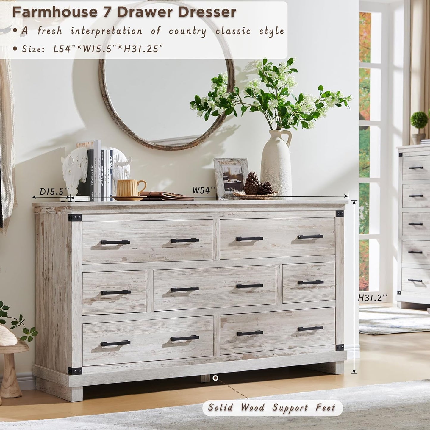 OKD 54in W Farmhouse Dresser 7 Drawers Modern Rustic Wood Chest of Drawers Closet Storage Organizers for Bedroom Living Room Hallway, Antique Brush White