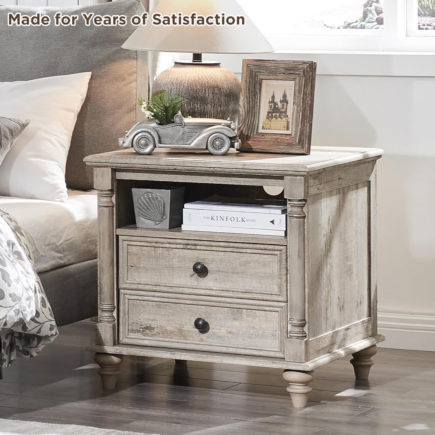 OKD Farmhouse 24in End Side Table With 2 Drawers BedSide Table with Charging Station, Tall Rustic Wood Square Nightstand for Living Room, Bedroom, Office,Light Rustic Oak