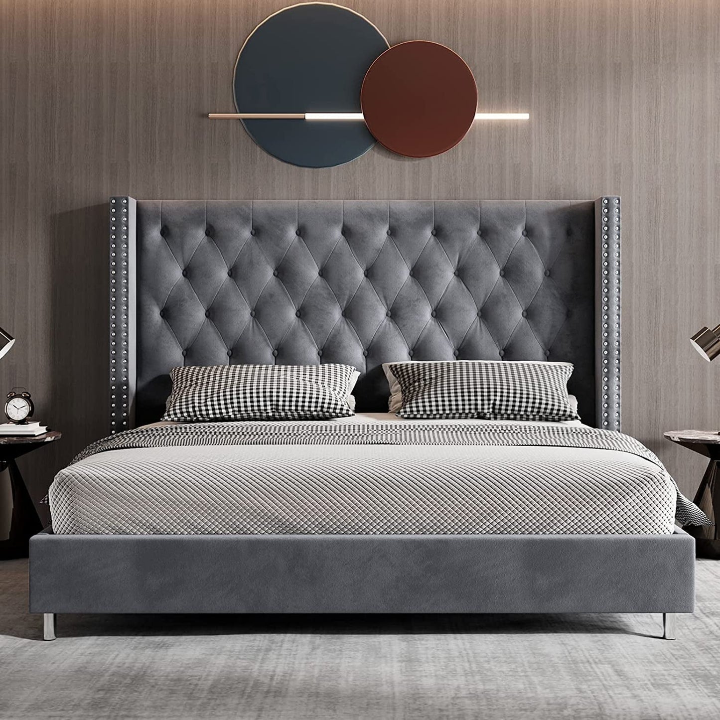 Jocisland Upholstered Bed Frame King Platform Bed Wingback Headboard Velvet Tufted Diamond Button/No Box Spring Needed/Gray