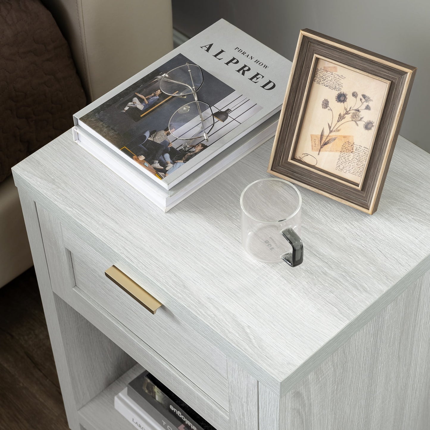 OAKHAM Farmhouse Nightstand, Boho End Table with Drawer and Open Shelf, Bedside Table for Bedroom Living Room, Pale Oak