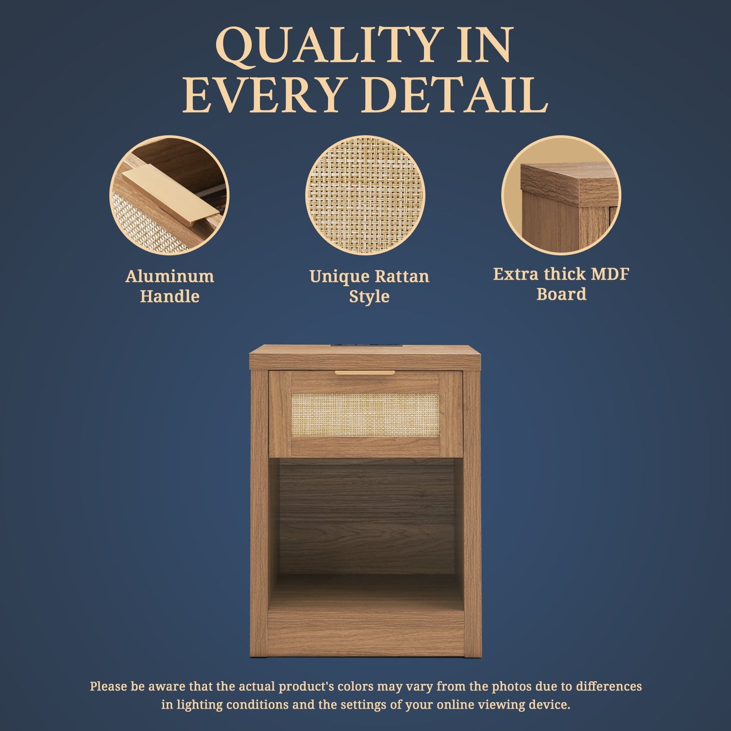 OAKHAM Rattan Nightstand set of 2 with Charging Station, Bedside Table with Type-C/USB Port, Boho Side Tables End Table for Living Room, Bedroom, Weathered Oak